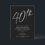 Modern Chic Script 40. Geburtstag Party Einladung<br><div class="desc">Dieses moderne Party aus dem 40. Jahrhundert besticht durch einen schicken schwarzen Hintergrund mit weißer Schrift und moderner Typografie. Das Skript sagt "40.". Alle Farben (auch die Jahresschrift) sind vollständig und einfach anpassbar. Sie können sogar ein Foto auf der Rückseite hinzufügen! Benutzen Sie einfach das "Design Tool" im Dropdown-Menü Personalisierung....</div>