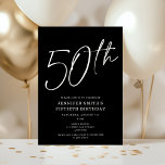 Modern Chic Script 50. Geburtstagsparty Einladung<br><div class="desc">Diese moderne 50. Geburtstagsparty lädt mit einem schicken schwarzen Hintergrund mit weißer Schrift und moderner Typografie ein. Das Skript sagt "50.". Alle Farben (auch die Jahresschrift) sind vollständig und einfach anpassbar. Sie können sogar ein Foto auf der Rückseite hinzufügen! Benutzen Sie einfach das "Design Tool" im Dropdown-Menü Personalisierung.</div>