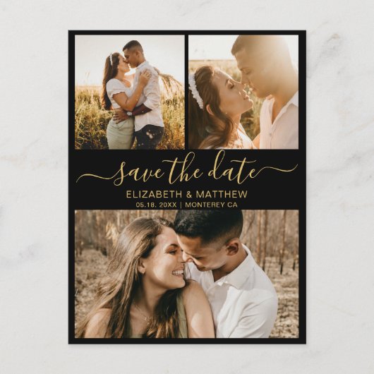 Modern Chic Script Foto Collage Save the Date Ankündigungspostkarte (Vorderseite)
