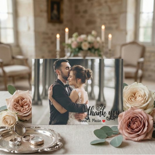 Modern Chic Script Love Heart Wedding Photo Dankeskarte