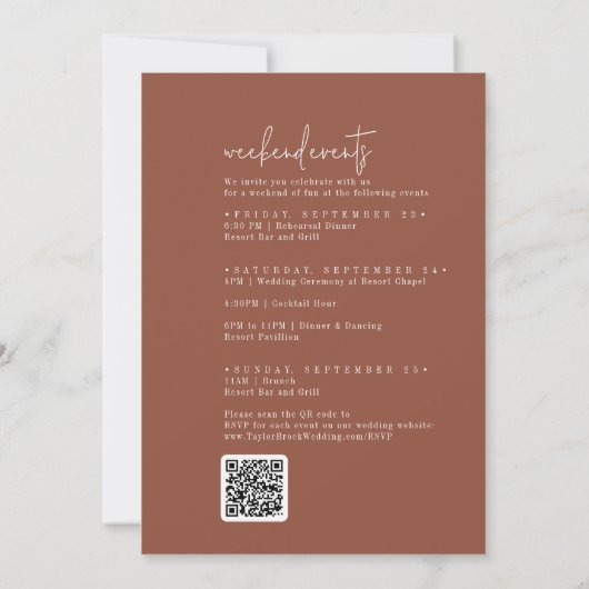 Modern Chic Terracotta Weekend Events QR Hochzeit Einladung (Rückseite)