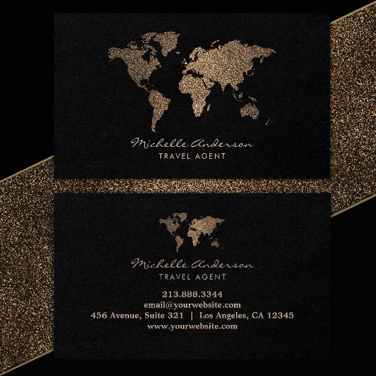 Modern Chic Travel Agent World Map Gold Glitzer Visitenkarte