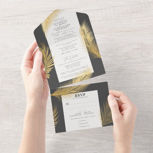 Modern Chic Tropical Gold Palm Wedding  All In One Einladung (Abreißtisch)