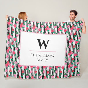 Modern Chic Watercolor Floral Pink Roses Monogram Fleecedecke