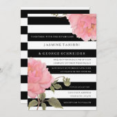 MODERN Chic Wide Stripes Pink Peony Blossom Floral Einladung (Vorne/Hinten)
