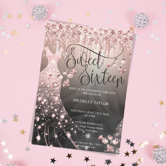 Modern Chick Rose Gold Glitzer Sweet 16 Einladung