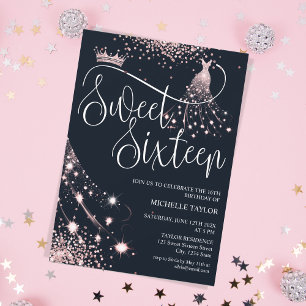 Modern Chick Rose Gold Glitzer Sweet 16 Einladung