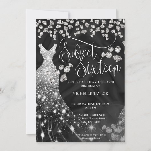 Modern Chick Silver Glitzer Sweet 16 Einladung (Vorderseite)