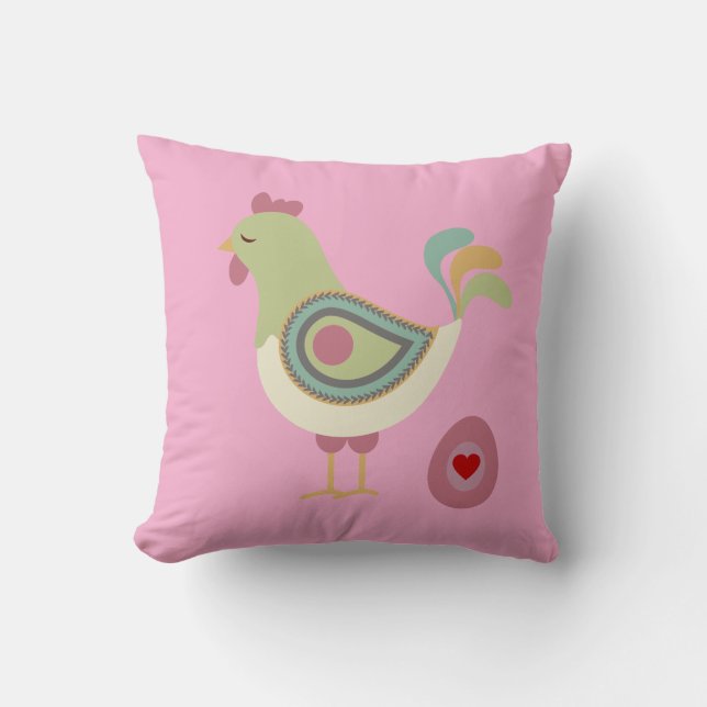 Modern Chicken & Egg Art Throw Pillow – Pink Kissen (Vorderseite)