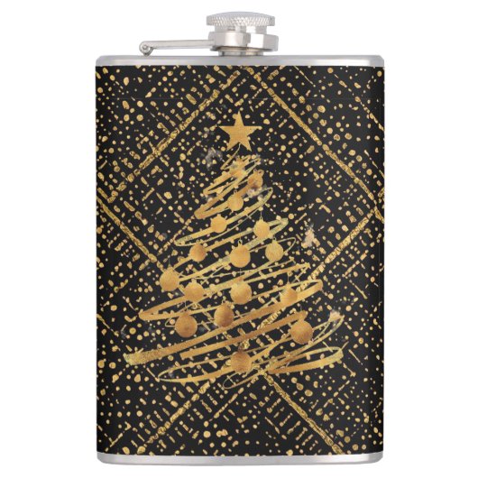 Modern, Chrismas Tree, Black Gold Cross Pattern  Flachmann (Vorderseite)