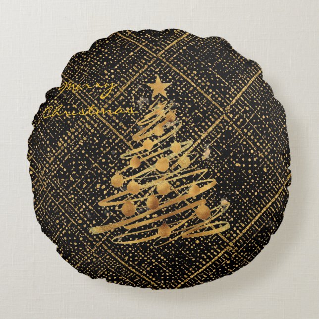 Modern, Chrismas Tree, Black Gold Cross Pattern  Rundes Kissen (Vorderseite)