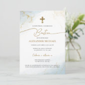 Modern Christian Blue Cross Boy Baptism Bautizo Einladung (Stehend Vorderseite)