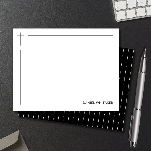 Modern Christian Cross Monogrammed Minimal Black Mitteilungskarte