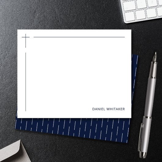 Modern Christian Cross Monogrammed Minimal Navy Mitteilungskarte