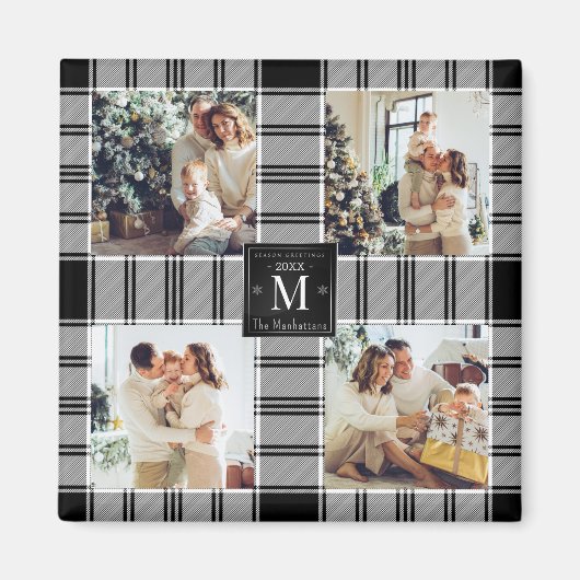 Modern Christmas 4 Foto Collage Schwarz & Weiß Magnet (Vorne)