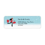 Modern Christmas Address Label<br><div class="desc">Label mit einer niedlichen Abbildung eines Mädchens in Rot und Schwarz mit Weihnachtsmütze,  die ihre Einkaufstaschen hält,  und im Hintergrund eine Gradation von Blau- und Schneeflocken,  die vom Himmel fallen.</div>