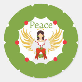 Modern Christmas Angel Peace Red Green Wreath Runder Aufkleber