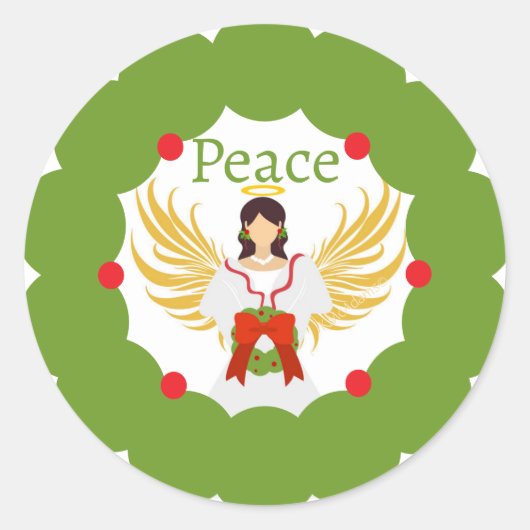 Modern Christmas Angel Peace Red Green Wreath Runder Aufkleber (Vorderseite)