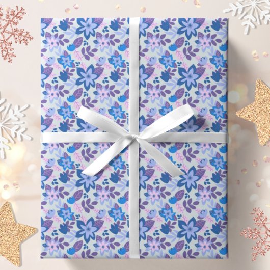 Modern Christmas Blue Floral Botanic Geschenkpapier