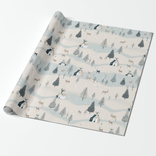 Modern Christmas Blue und Tan Snowy Village Geschenkpapier (Ungerollt)