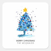 Modern Christmas Blue Watercolor Tree Quadratischer Aufkleber (Vorderseite)