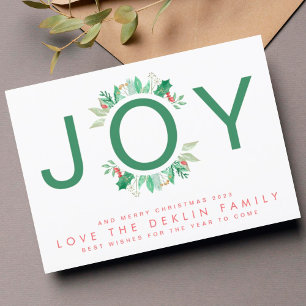 Modern Christmas Botanicals Green JOY Wreath Photo Feiertagskarte