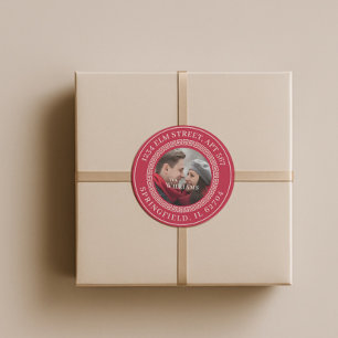 Modern Christmas Couple Foto Return Address Label Runder Aufkleber