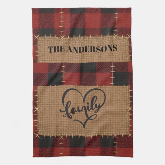 Modern Christmas Family Name Red Buffalo Plaid Geschirrtuch (Vertikal)