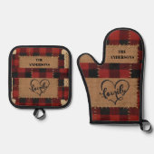 Modern Christmas Family Name Red Buffalo Plaid Ofenhandschuh & Topflappen-Set (Vorderseite)