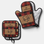 Modern Christmas Family Name Red Buffalo Plaid  Ofenhandschuh & Topflappen-Set (Vorderseite/Rückseite)