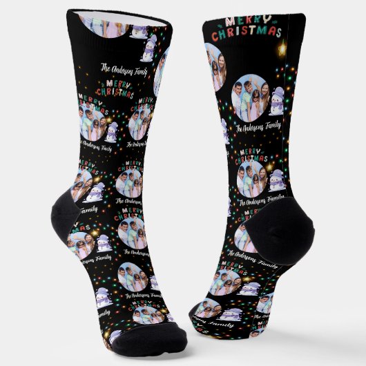 Modern Christmas Family Snowman Foto und Name Socken (Gewinkelt)