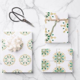 Modern Christmas Gold Green Snowflake Geschenkpapier Set