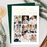 Modern Christmas Green 9 Foto Collage Folien Feiertagskarte<br><div class="desc">Moderne Weihnachtskarte mit "Frohe Weihnachten", die oben im Design in trendiger Goldfolie mit weißem Hintergrund dargestellt ist. Eine Foto-Collage von 9 Fotos wird unten in einem Rasterlayout angezeigt. Personalisieren Sie die Multi-Foto Weihnachtskarte mit Ihrem Familiennamen. Die Folienkarte kehrt sich um, um einen grünen Hintergrund mit subtilen weißen Punkten (Schnee) anzuzeigen....</div>