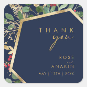 Modern Christmas Greenery Navy Vielen Dank für Ihr Quadratischer Aufkleber