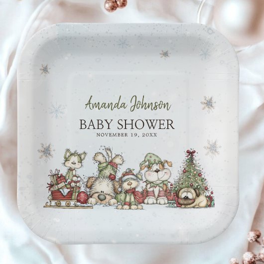 Modern Christmas Lights Puppy Baby Shower Pappteller