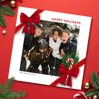 Modern Christmas Photo Card with Red Bows Feiertagskarte