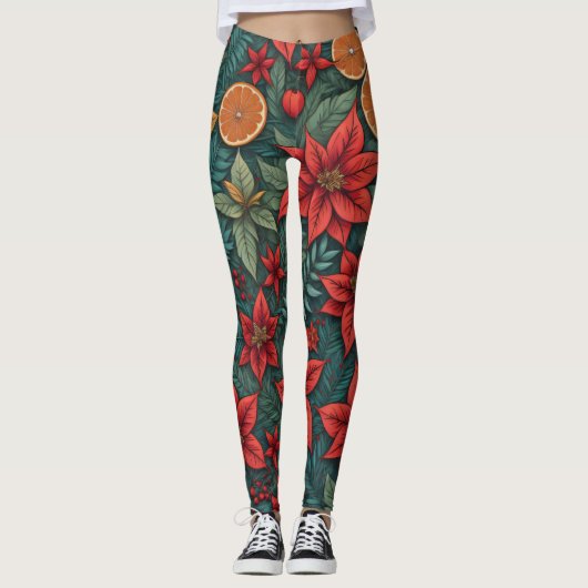 Modern Christmas Poinsettia Orange Blätter Leggings (Vorderseite)