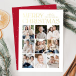 Modern Christmas Red 9 Foto Collage Folien Feiertagskarte<br><div class="desc">Moderne Weihnachtskarte mit "Frohe Weihnachten",  die oben im Design in trendiger Goldfolie mit weißem Hintergrund dargestellt ist. Eine Foto-Collage von 9 Fotos wird unten in einem Rasterlayout angezeigt. Personalisieren Sie die Multi-Foto Weihnachtskarte mit Ihrem Familiennamen. Die Folienkarte kehrt um,  um einen roten Hintergrund mit subtilen weißen Punkten (Schnee) anzuzeigen.</div>