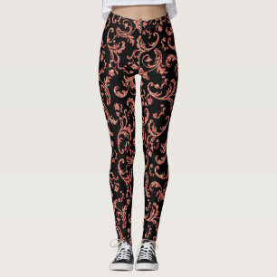 Modern Christmas Red and Black Damask Ladys Leggings