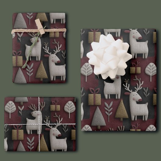 Modern Christmas Reindeer Red And Gold Pattern Geschenkpapier Set
