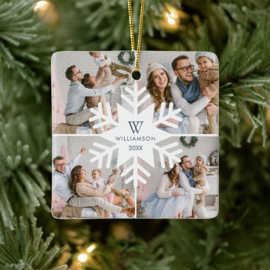 Modern Christmas Snowflake Monogram Four Foto Keramikornament (Baum)
