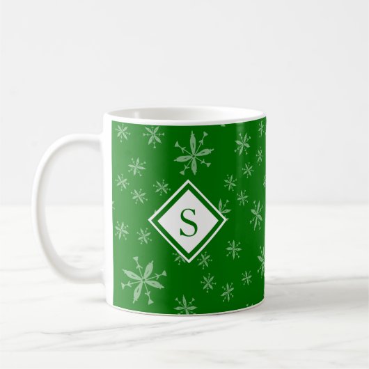 Modern Christmas Snowflake Muster Monogram Green Kaffeetasse (Links)