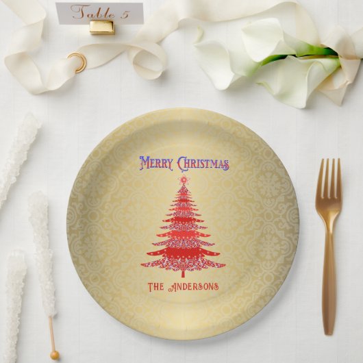 Modern Christmas Tree Red Gold Pappteller (Hochzeit)