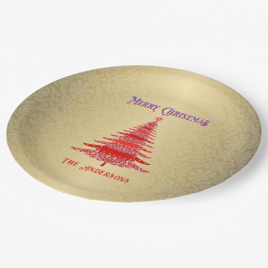 Modern Christmas Tree Red Gold Pappteller (Schrägansicht)