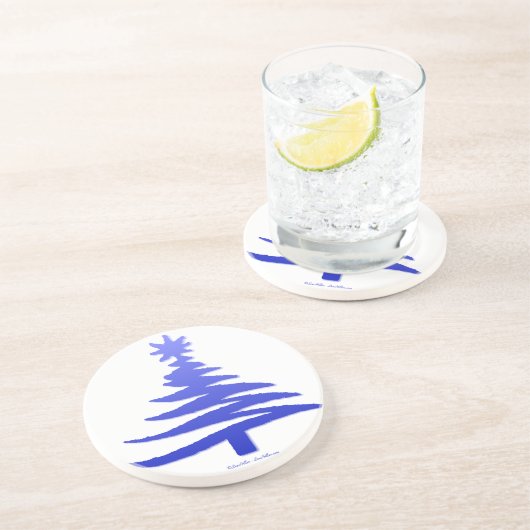 Modern Christmas Tree Stencil Print Blue Sandstein Untersetzer (Seite)