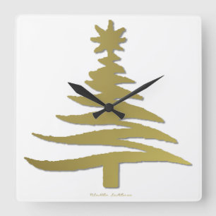 Modern Christmas Tree Stencil Print Gold Quadratische Wanduhr