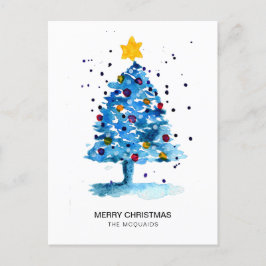 Modern Christmas Tree Watercolor Blue Feiertagspostkarte
