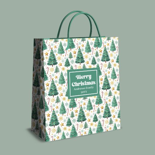 Modern Christmas trees gift bag red green gold  Mittlere Geschenktüte