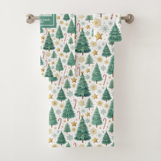 Modern Christmas trees red green gold bath towel Badhandtuch Set (Insitu)