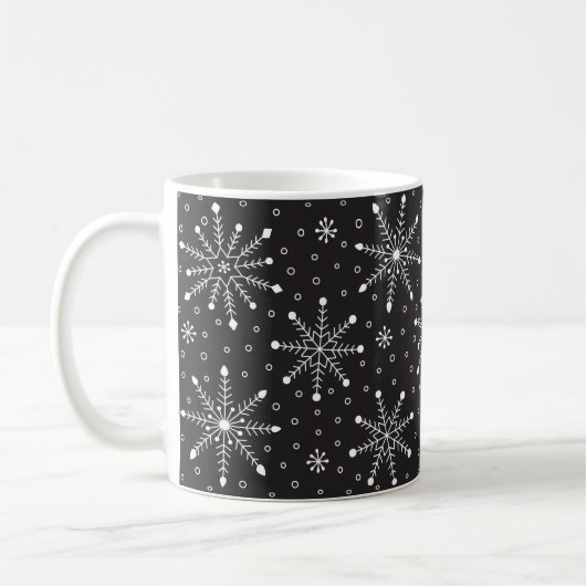 Modern Christmas White Snowflake & Black night sky Kaffeetasse (Links)